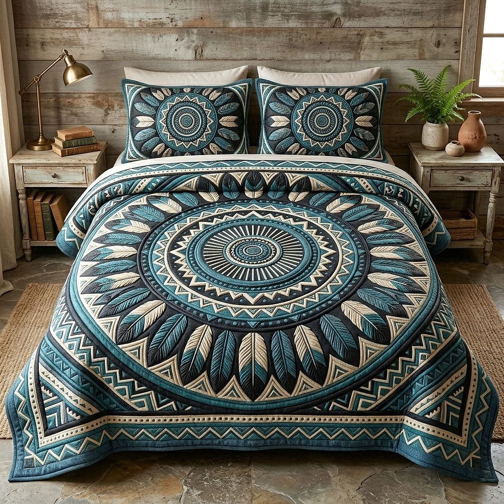 Tribal Heritage quilted 3-piece bedding set on a made bed in a farmhouse bedroom