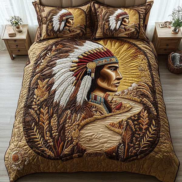 Tribal Heritage quilted 3-piece bedding set on a made bed in a farmhouse bedroom
