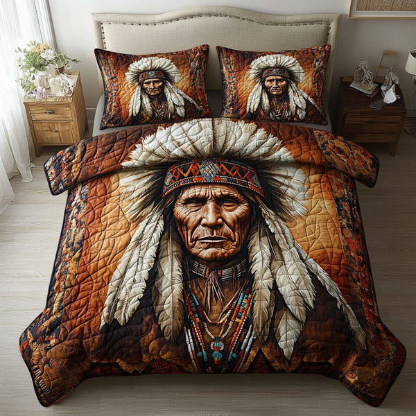 Tribal Honor Collection quilted 3-piece bedding set on a made bed in a warmly lit bedroom