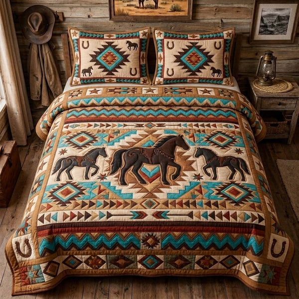 Tribal Horse Herd quilted 3-piece bedding set on a made bed in a rustic timber bedroom