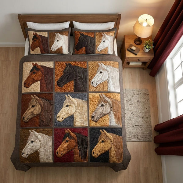 Tribal Horse quilted 3-piece bedding set on a made bed in a rustic timber bedroom