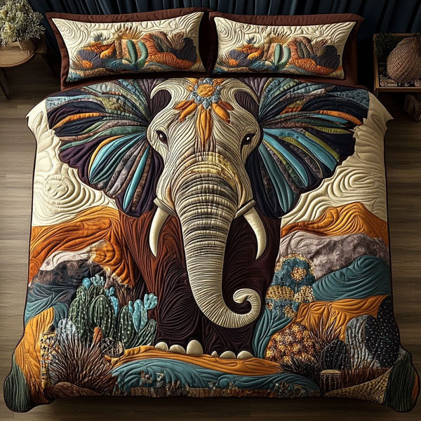 Tribal Journey quilted 3-piece bedding set on a made bed with two matching pillow shams