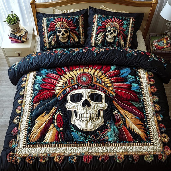 Tribal King quilted 3-piece bedding set on a made bed with two matching pillow shams