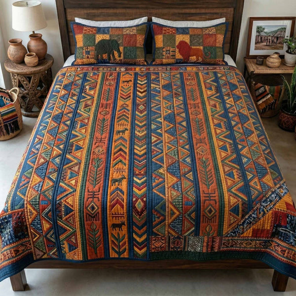 Tribal Lines quilted 3-piece bedding set on a made bed with two matching pillow shams