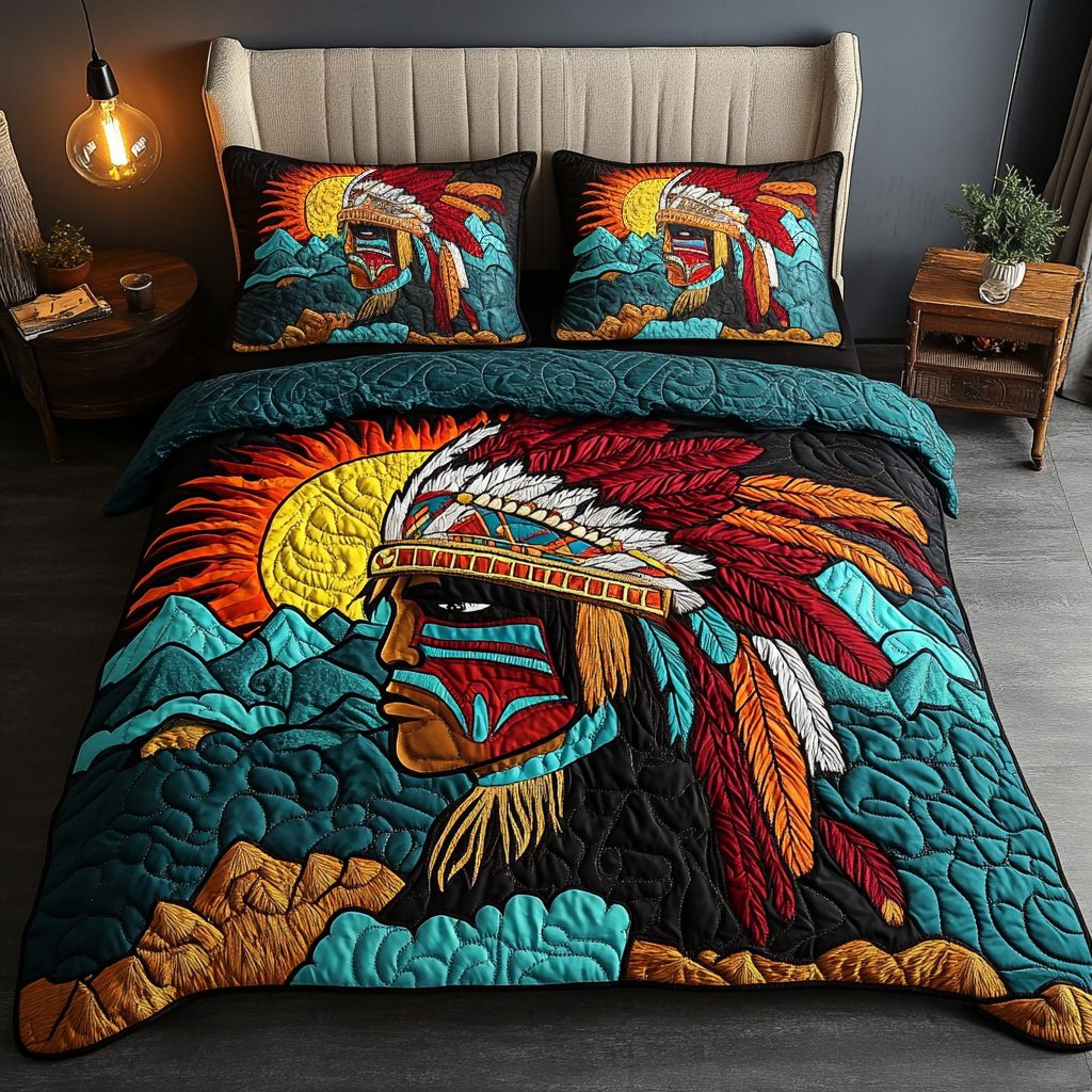 Tribal Majesty quilted 3-piece bedding set on a made bed with two matching pillow shams
