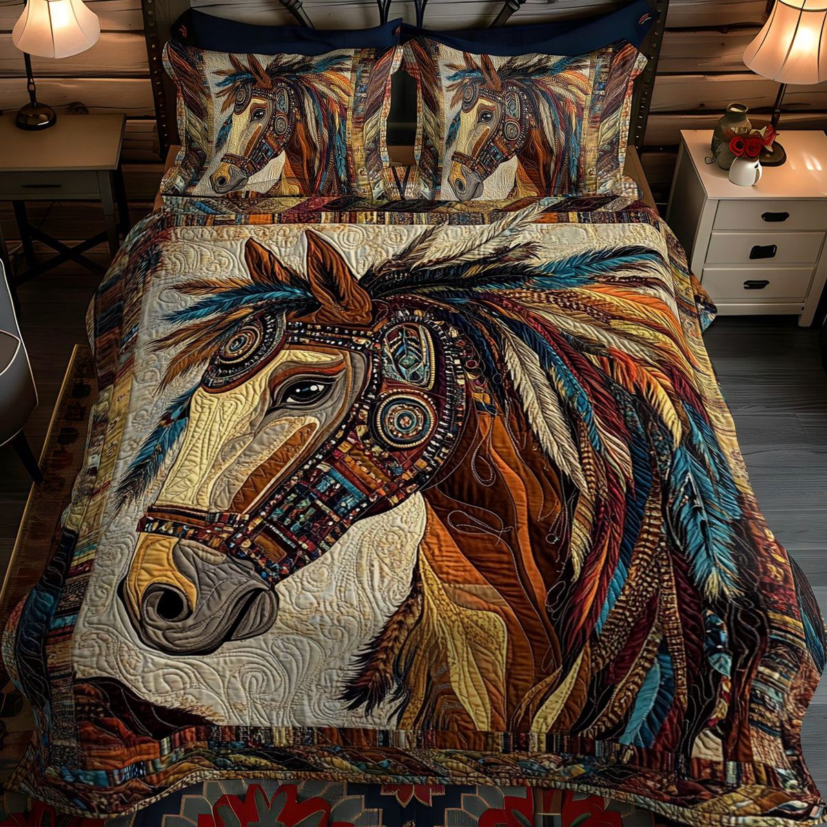 Tribal Majesty quilted 3-piece bedding set on a made bed with two matching pillow shams