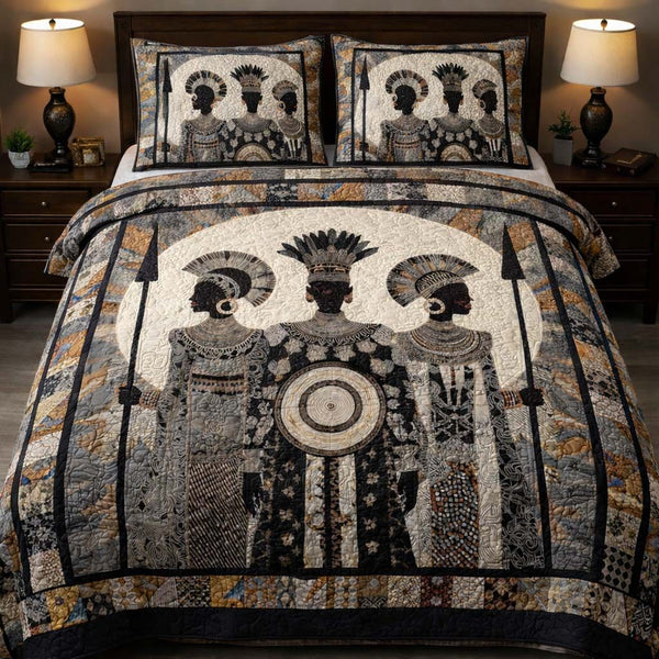 Tribal Moon Warriors quilted 3-piece bedding set on a made bed with two matching pillow shams