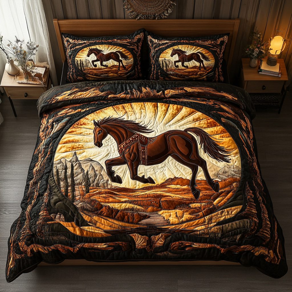 Tribal Mustang quilted 3-piece bedding set on a made bed with two matching pillow shams