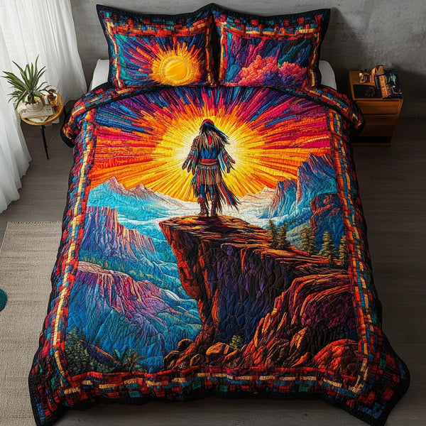 Tribal Path quilted 3-piece bedding set on a made bed with two matching pillow shams