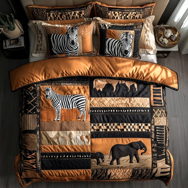 Tribal Pulse quilted 3-piece bedding set on a made bed with two matching pillow shams