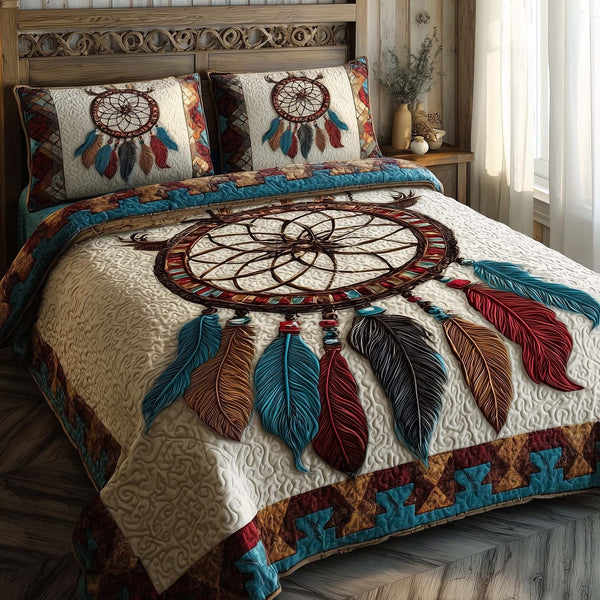 Tribal Reverie quilted 3-piece bedding set on a made bed with two matching pillow shams