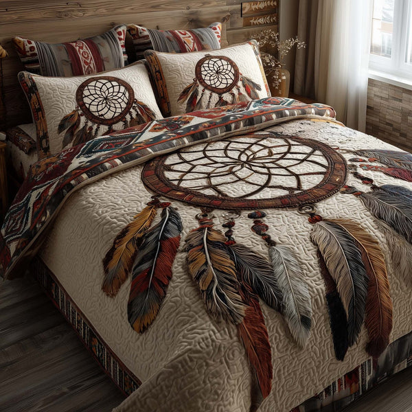 Tribal Reverie quilted 3-piece bedding set on a made bed with two matching pillow shams