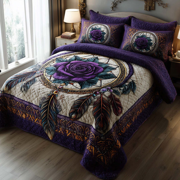 Tribal Reverie quilted 3-piece bedding set on a made bed with two matching pillow shams