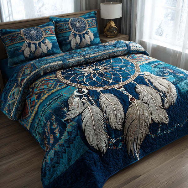 Tribal Reverie quilted 3-piece bedding set on a made bed with two matching pillow shams