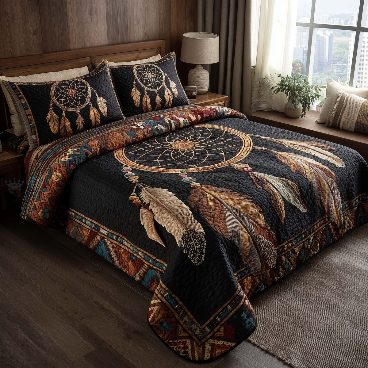 Tribal Reverie quilted 3-piece bedding set on a made bed with two matching pillow shams