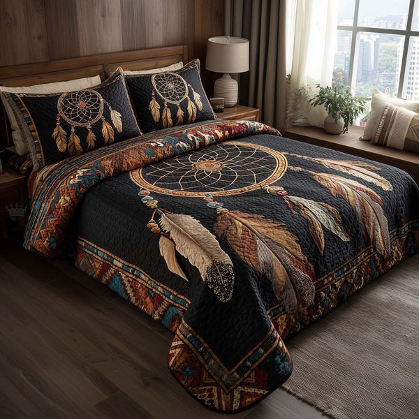 Tribal Reverie quilted 3-piece bedding set on a made bed with two matching pillow shams