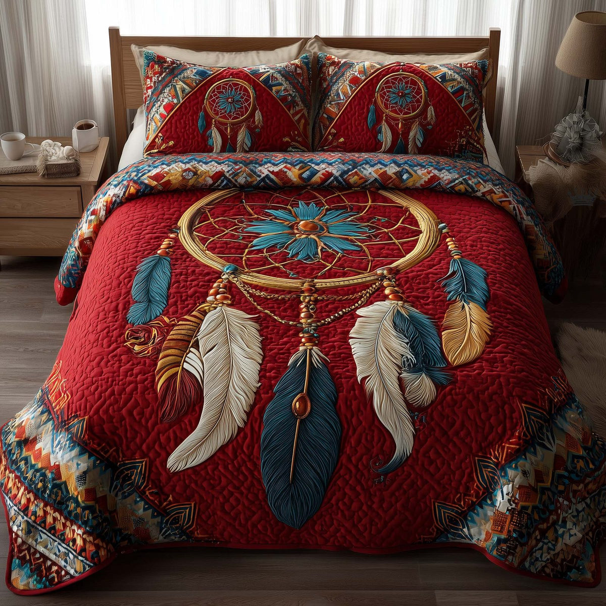 Tribal Reverie quilted 3-piece bedding set on a made bed with two matching pillow shams