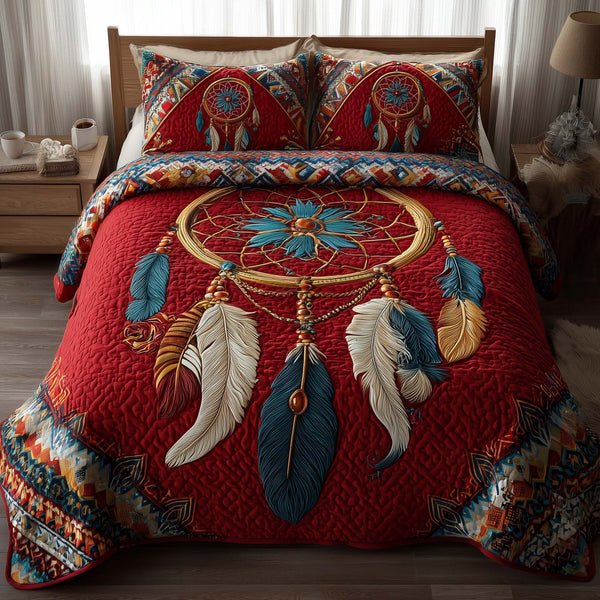 Tribal Reverie quilted 3-piece bedding set on a made bed with two matching pillow shams