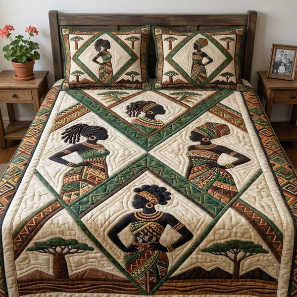 Tribal Silhouette quilted 3-piece bedding set on a made bed with two matching pillow shams