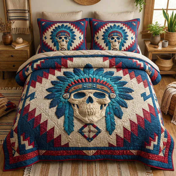 Tribal Skull quilted 3-piece bedding set on a made bed against a dark styled interior