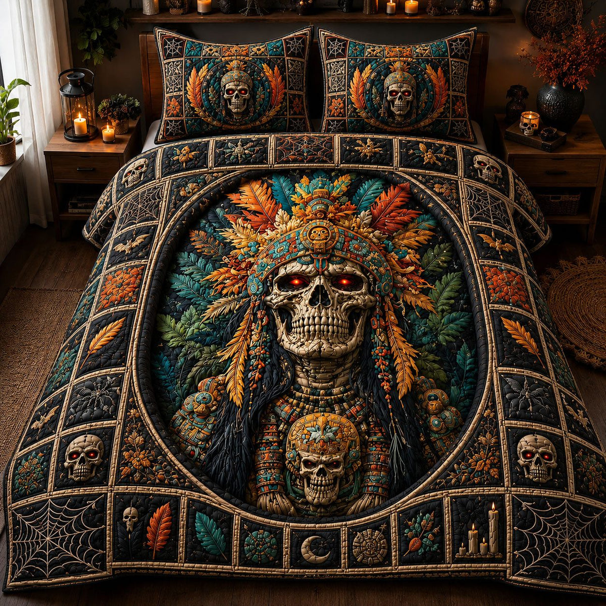 Tribal Skull Warrior Halloween quilted 3-piece bedding set on a made bed against a dark styled interior