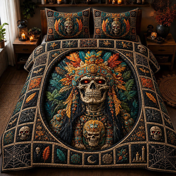 Tribal Skull Warrior Halloween quilted 3-piece bedding set on a made bed against a dark styled interior