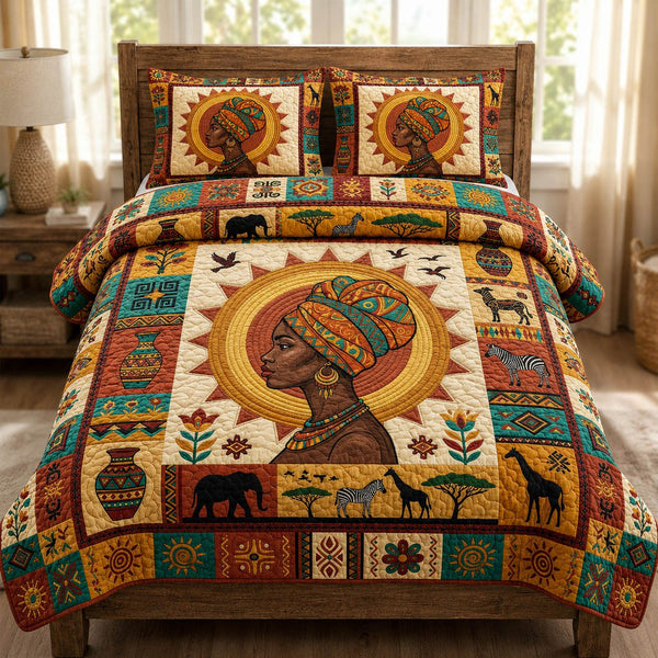 Tribal Soul quilted 3-piece bedding set on a made bed with two matching pillow shams