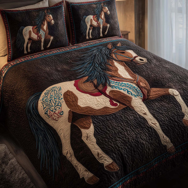 Tribal Spirit Horse quilted 3-piece bedding set on a made bed in a rustic timber bedroom