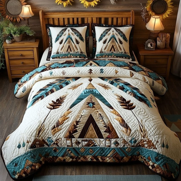 Tribal Spirit quilted 3-piece bedding set on a made bed with two matching pillow shams