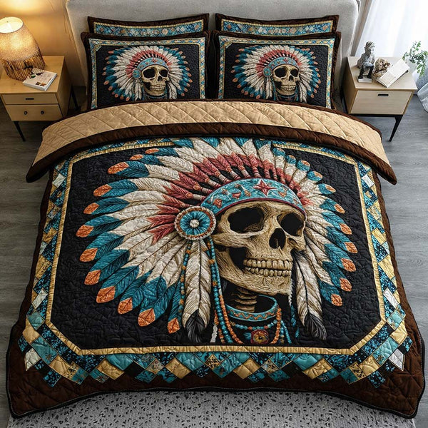 Tribal Spirit Skull quilted 3-piece bedding set on a made bed against a dark styled interior