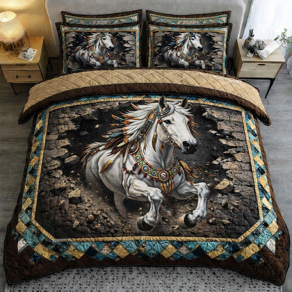 Tribal Spirit Stallion quilted 3-piece bedding set on a made bed in a rustic timber bedroom