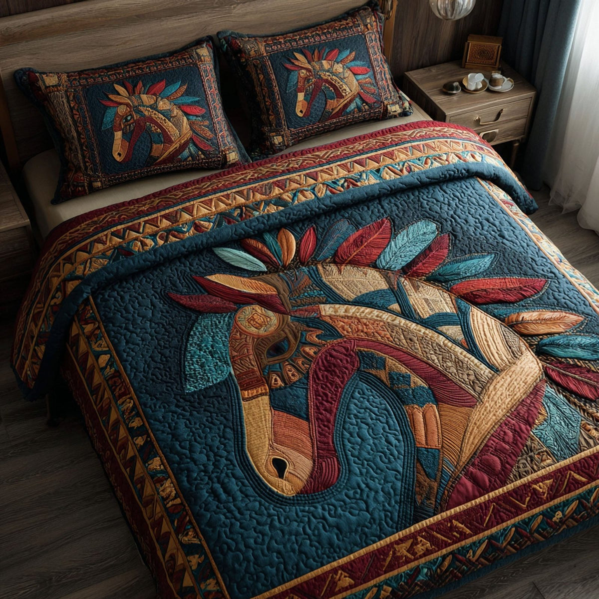 Tribal Stallion quilted 3-piece bedding set on a made bed in a rustic timber bedroom