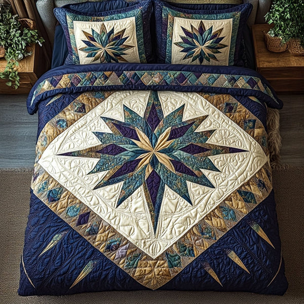 Tribal Star Radiance quilted 3-piece bedding set on a made bed with two matching pillow shams