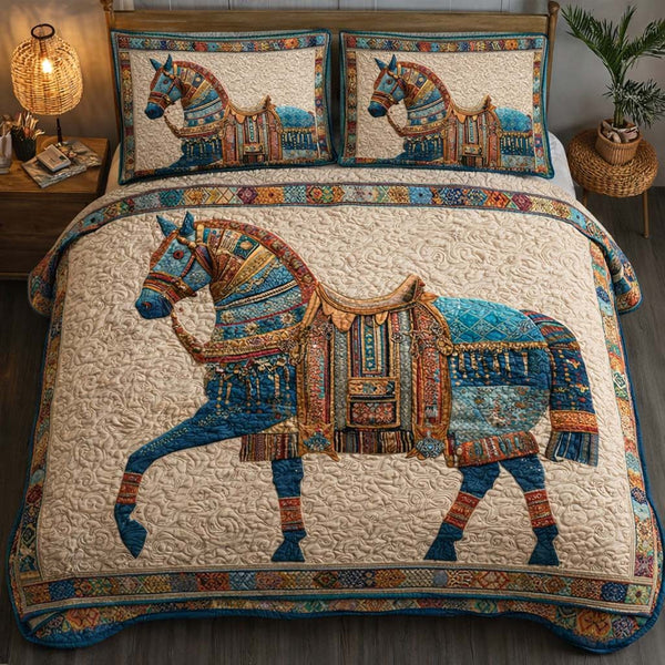 Tribal Steed quilted 3-piece bedding set on a made bed with two matching pillow shams