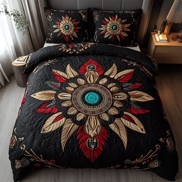 Tribal Sunburst Harmony quilted 3-piece bedding set on a made bed with two matching pillow shams