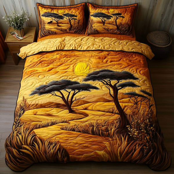 Tribal Sunset quilted 3-piece bedding set on a made bed with two matching pillow shams