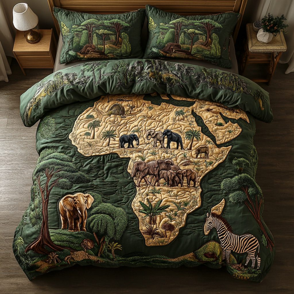 Tribal Tracks quilted 3-piece bedding set on a made bed with two matching pillow shams