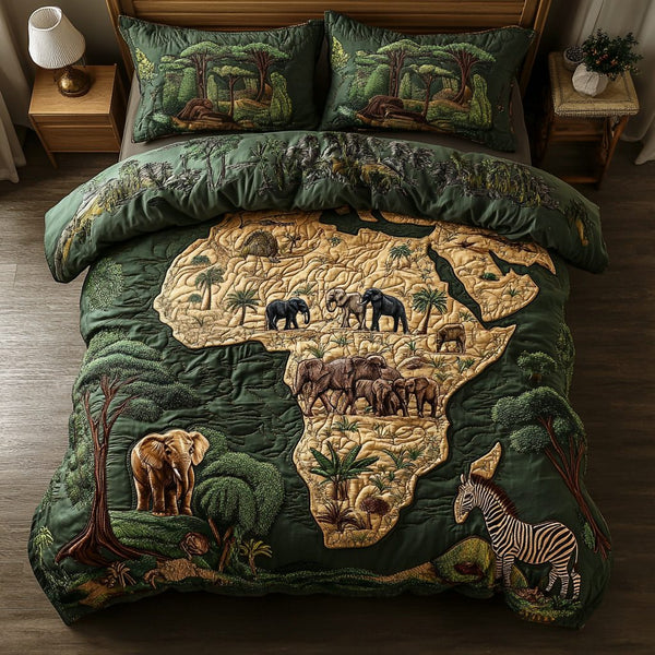 Tribal Tracks quilted 3-piece bedding set on a made bed with two matching pillow shams