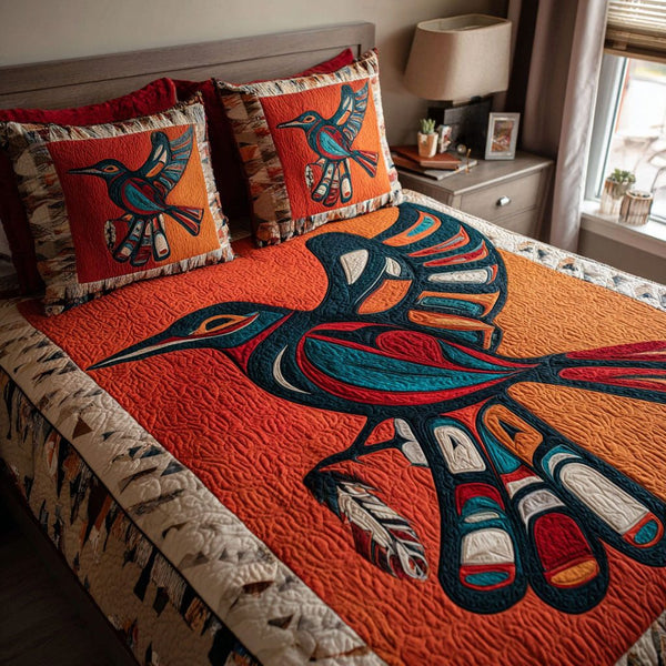 Tribal Wings quilted 3-piece bedding set on a made bed with two matching pillow shams