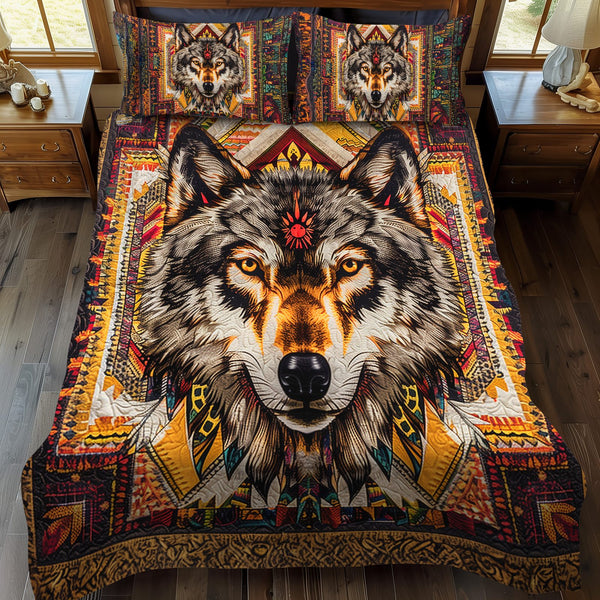 Tribal Wolf Spirit quilted 3-piece bedding set on a made bed with two matching pillow shams