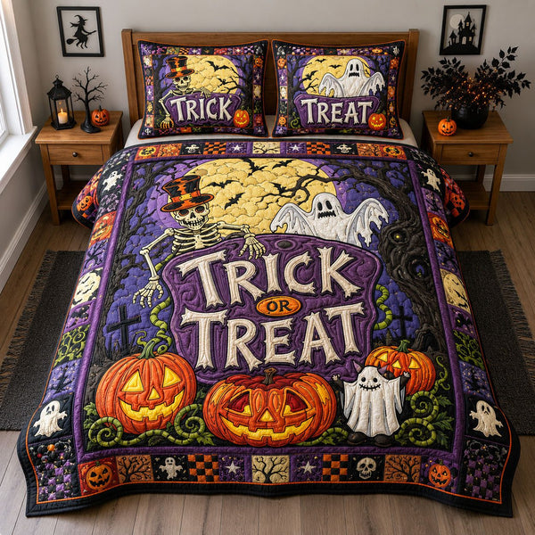 Trick Or Treat Graveyard quilted 3-piece bedding set on a made bed with two matching pillow shams