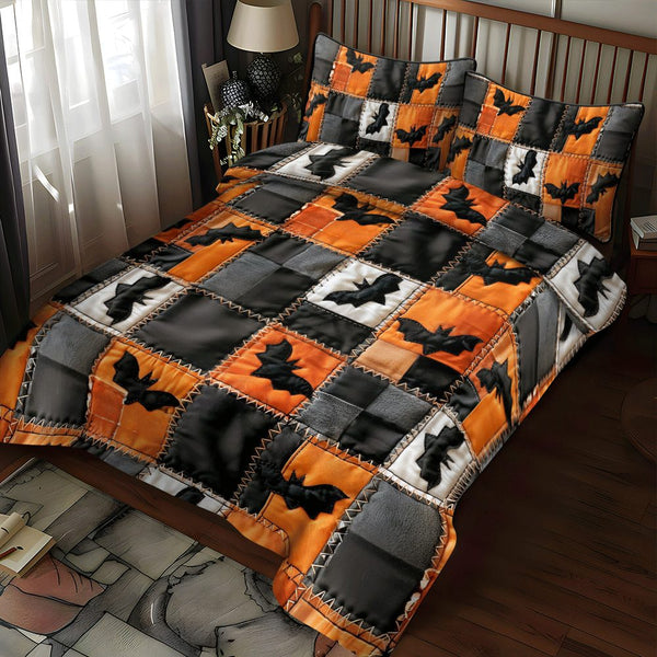 Trick Or Treat Halloween quilted 3-piece bedding set on a made bed against a dark styled interior