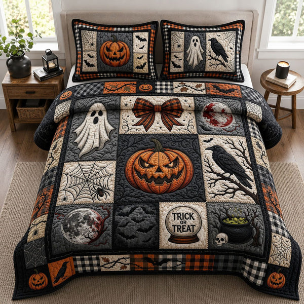 Trick Or Treat quilted 3-piece bedding set on a made bed with two matching pillow shams