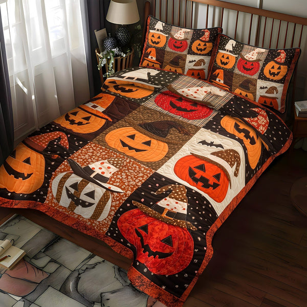 Trick Or Treat Tapestry quilted 3-piece bedding set on a made bed with two matching pillow shams