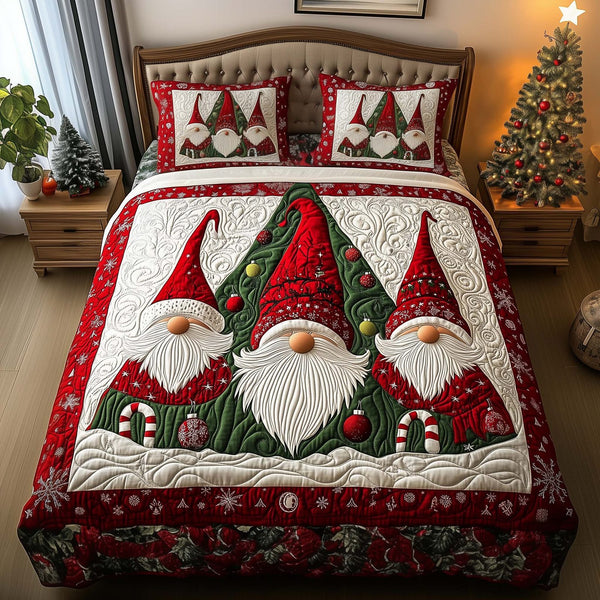 Trio Gnomes quilted 3-piece bedding set on a made bed with two matching pillow shams