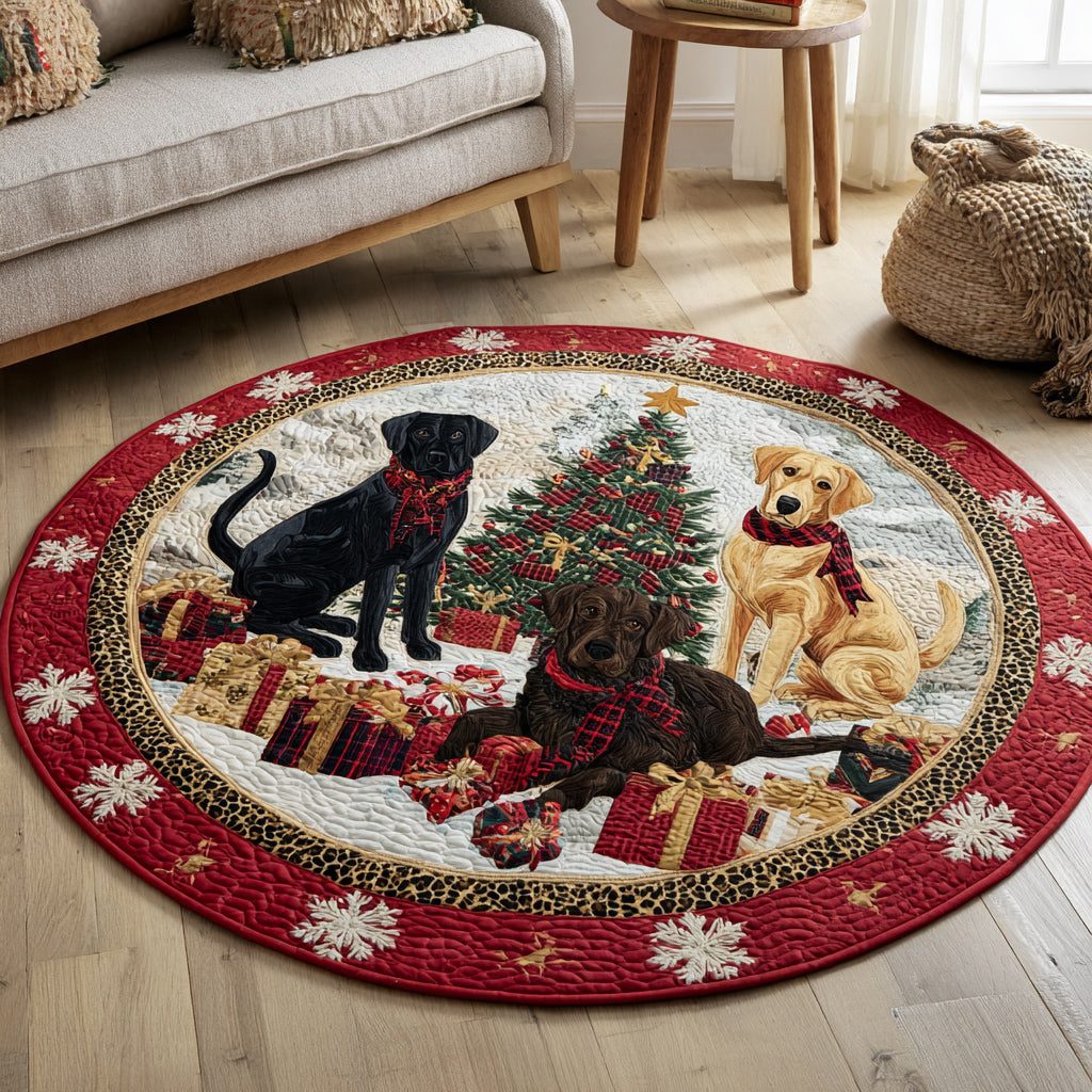 Trio Labrador Retriever Quilted Round Mat quilted 3-piece bedding set on a made bed with two matching pillow shams