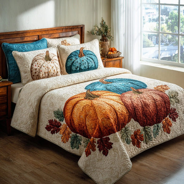 Trio Pumpkins quilted 3-piece bedding set on a made bed against a dark styled interior