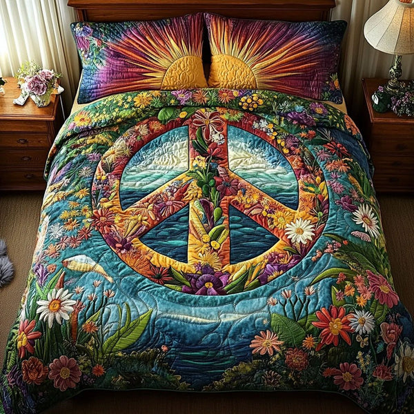 Trippy Harmony quilted 3-piece bedding set on a made bed with two matching pillow shams
