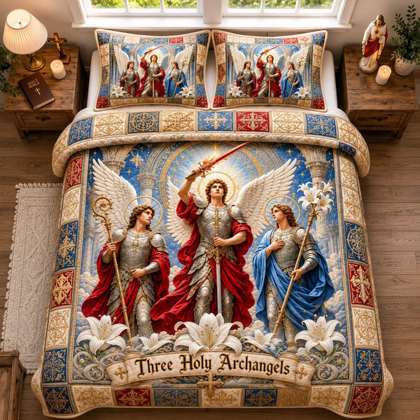 Triumph Of The Three Holy Archangels quilted 3-piece bedding set on a made bed in a softly lit bedroom