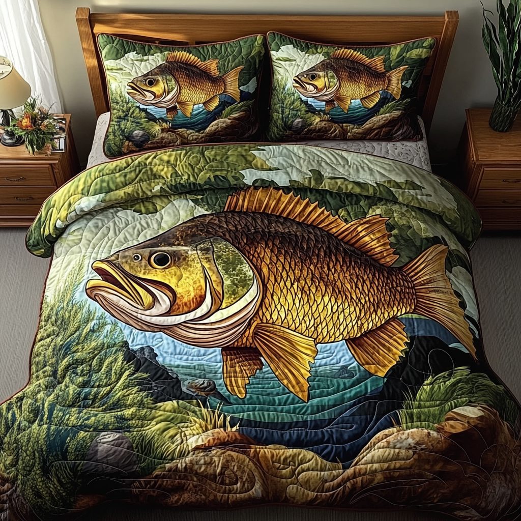 Trophy Catch quilted 3-piece bedding set on a made bed with two matching pillow shams